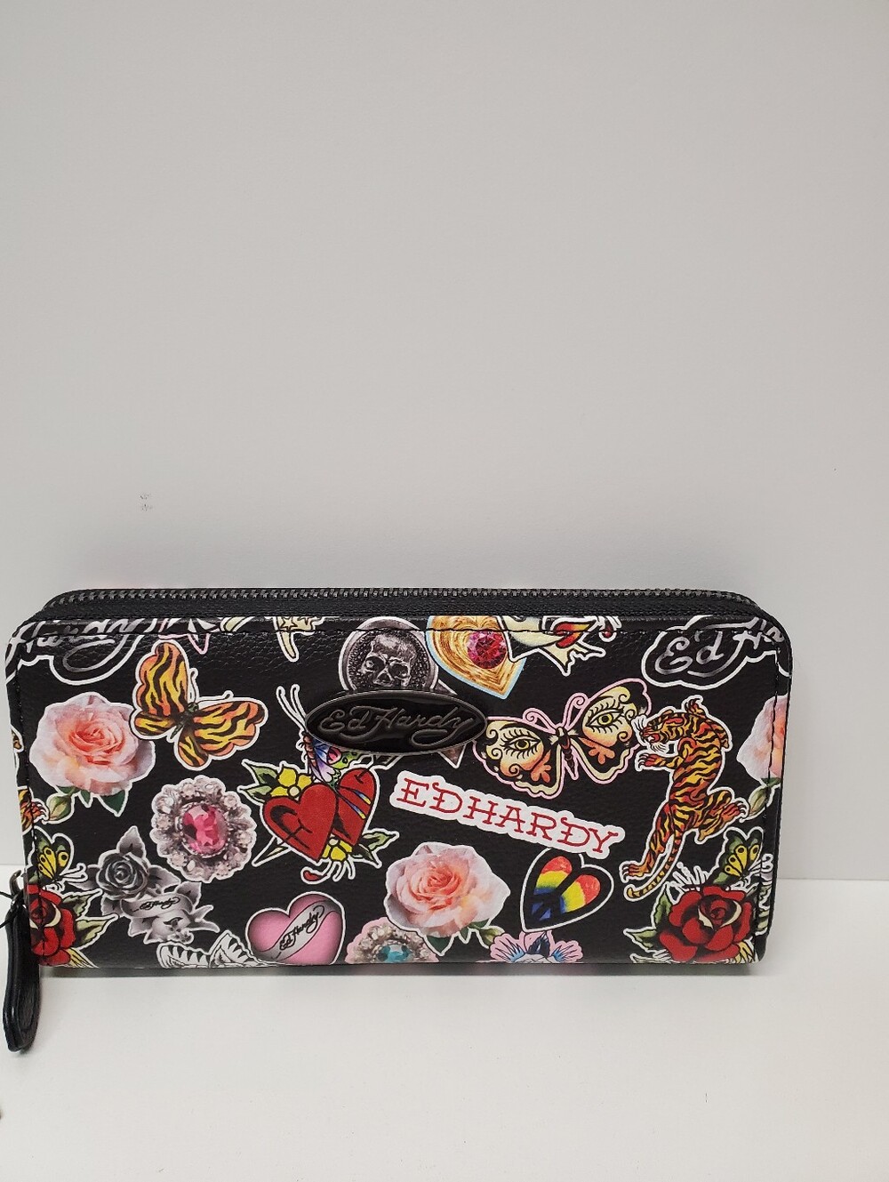 Ed Hardy Black Zip Wallet with Colorful Tattoo & Floral Motifs